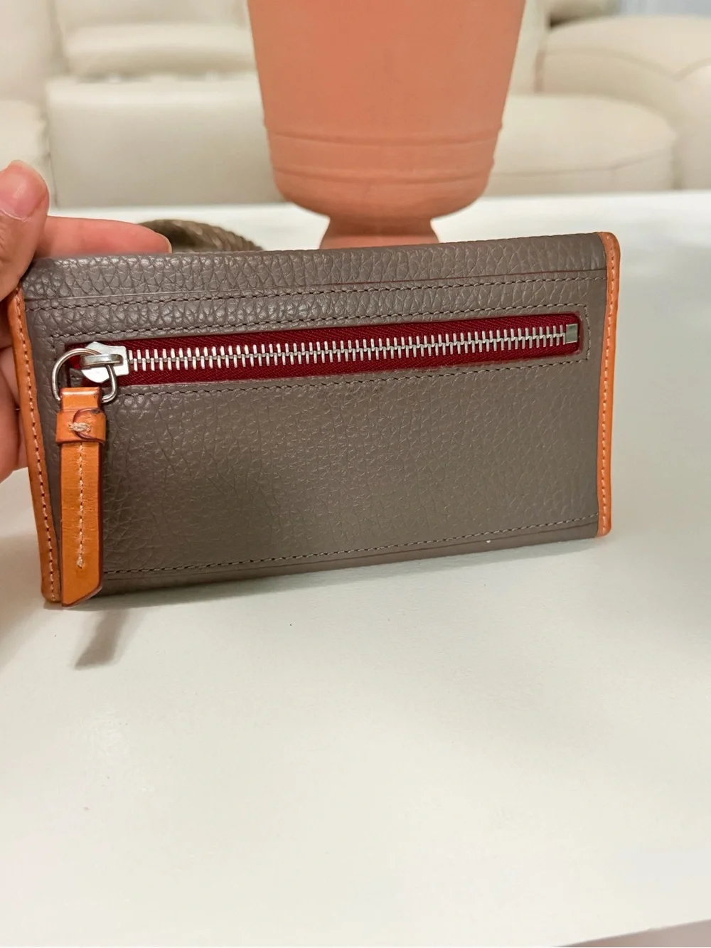 Dooney & Bourke Gray Pebbled Leather Wallet with Orange Trim